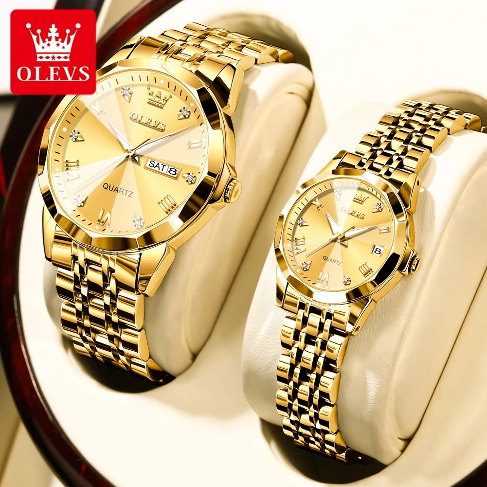Olevs 9931 Premium Couple Watch (Gold Edition)